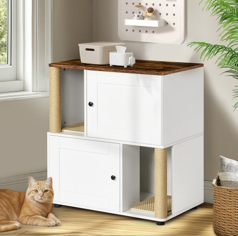 Double Cat Litter Box Enclouse,Cat Litter Box Enclosure For 2 Cats, Cat Litter Cabinet, Double Litter Box Enclosure With Shelve, Fit Most Of Litter Box, White Vintage