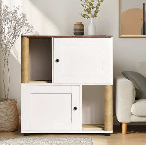 Double Cat Litter Box Enclouse,Cat Litter Box Enclosure For 2 Cats, Cat Litter Cabinet, Double Litter Box Enclosure With Shelve, Fit Most Of Litter Box, White Vintage